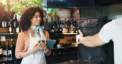 Buy stock photo Woman, tablet and bag for delivery at cafe with smile for courier service, food or sale at diner. Person, server and happy with ecommerce, online order or meal with small business owner at restaurant