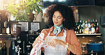 Woman, bartender and shine glass with cloth for hygiene, dust and service for drinks at restaurant. Person, waiter and cleaning for dirt with smile, job and career with reflection at small business