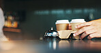 Takeaway, coffee and hands of customer in cafe for Espresso, latte or cappuccino beverage. Small business, barista and purchase with closeup of people in cafeteria for restaurant and drinking