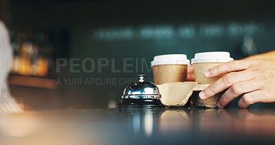 Buy stock photo Takeaway, coffee and hands of customer in cafe for Espresso, latte or cappuccino beverage. Small business, barista and purchase with closeup of people in cafeteria for restaurant and drinking