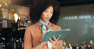 Buy stock photo Coffee shop, typing and woman on tablet in cafe for menu items, inventory and order checklist. Restaurant, hospitality and business owner on digital tech for internet, planning and review on website