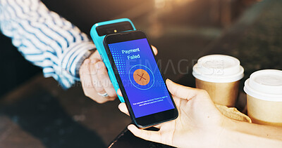 Buy stock photo Coffee shop, phone screen and hands with app for payment failure, purchase and transaction. Restaurant, low funds and waiter with customer at pos with eft for drink, beverage and takeaway at cafe