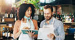Small business, colleagues and people with tablet, cafe and discussion for inventory, smile and clipboard. Collaboration, woman and man with tech for sales, talking and team with app in startup