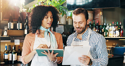 Buy stock photo Small business, colleagues and people with tablet, cafe and discussion for inventory, smile and clipboard. Collaboration, woman and man with tech for sales, talking and team with app in startup