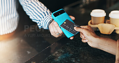 Buy stock photo Coffee shop, credit card and customer with machine for payment, purchase and transaction. Restaurant, cafeteria and waiter with person at pos with eft for drinks, beverage and takeaway at counter
