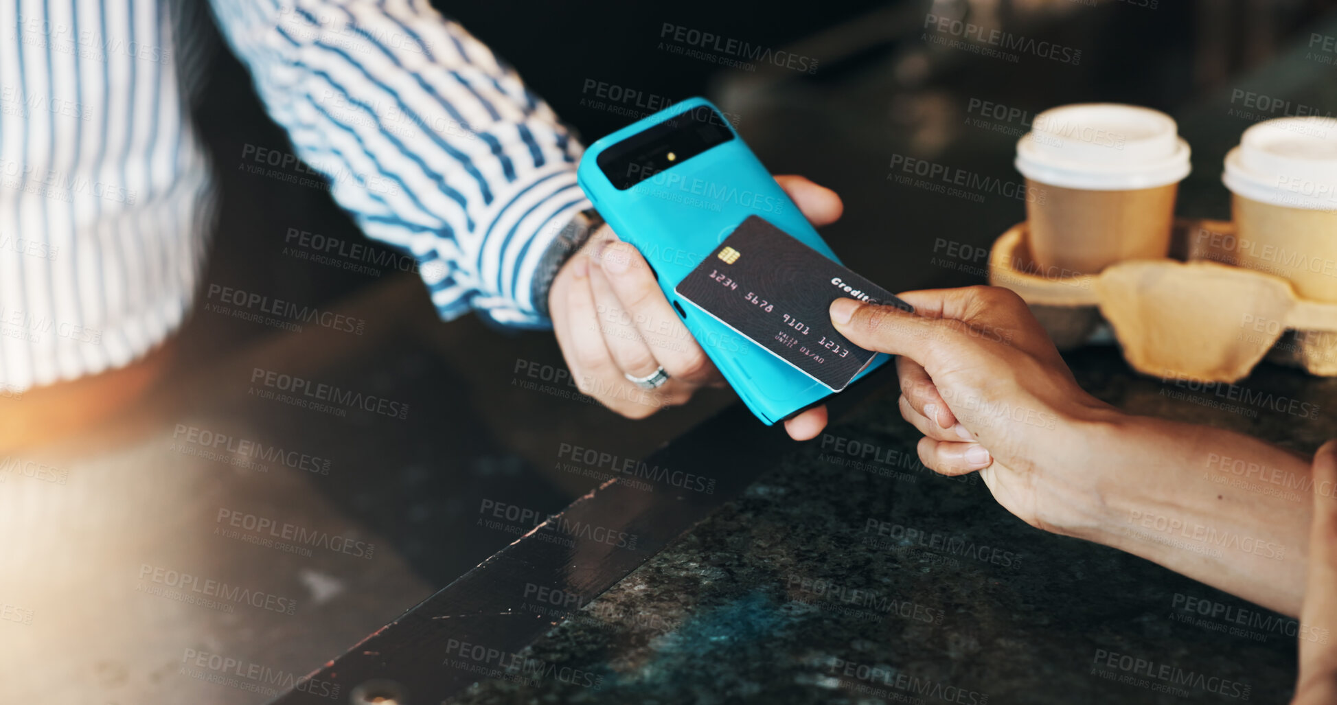 Buy stock photo Coffee shop, credit card and customer with machine for payment, purchase and transaction. Restaurant, cafeteria and waiter with person at pos with eft for drinks, beverage and takeaway at counter
