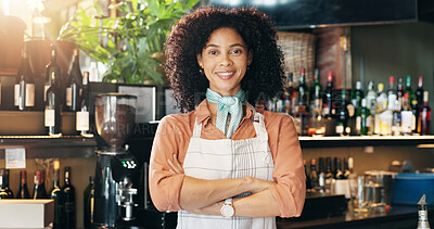 Buy stock photo Woman, barista and arms crossed with smile at cafe with pride, confident and business owner at diner. Person, happy and portrait for career, alcohol and entrepreneurship at pub in Costa Rica