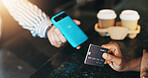 Coffee shop, credit card and hands with machine for payment, purchase and transaction. Restaurant, cafeteria and waiter with customer at pos with eft for drinks, beverage and takeaway at counter