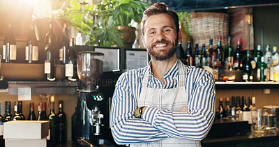 Buy stock photo Man, barista and arms crossed with smile at cafe with pride, confident and business owner at bar. Person, happy and portrait with job at pub, catering and entrepreneurship at coffee shop in Turkey