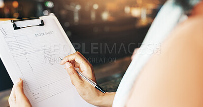 Buy stock photo Person, hands and writing with checklist at cafe for stock sheet, inventory or catering service. Closeup, small business owner or manager with inspection or notes for order or products at coffee shop