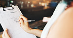 Person, hands and writing with clipboard at cafe for stock sheet, checklist or inventory at restaurant. Closeup, small business owner or manager with inspection for catering products at coffee shop