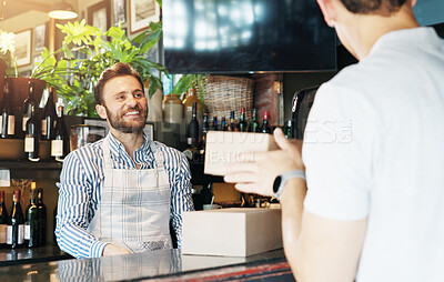 Buy stock photo Man, waiter and package for customer with smile for catering service, food and sale at diner. Person, barista and happy with boxes, order collection and meal with small business owner at restaurant