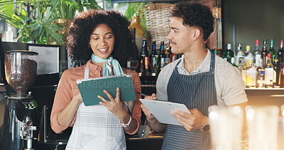 Buy stock photo Small business, discussion and team with tablet, cafe and review of order for inventory and collaboration. Happy, woman and man with tech for sales, clipboard and colleagues with ideas in meeting