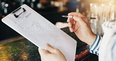 Buy stock photo Hands, waiter and clipboard at cafe for stock, inventory or admin for order, supplier or price for service. Person, checklist and document for hospitality, catering or career in restaurant management