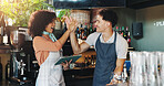 Happy, business people and cafe with high five or tablet for retail success, winning or teamwork. Man, woman or employees with smile or technology for catering service or barista at coffee shop
