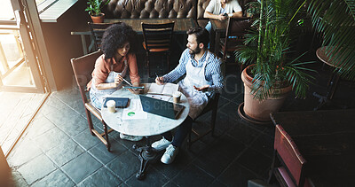 Buy stock photo Coffee shop, above and people in meeting with tablet for planning menu, schedule and order checklist. Restaurant, partnership and man and woman on digital tech for internet, website and inventory