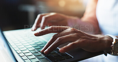 Buy stock photo Woman, hands and typing on laptop for email, connectivity and business planning with research. Entrepreneur, fingers and internet search on computer for website ideas, startup information and editing