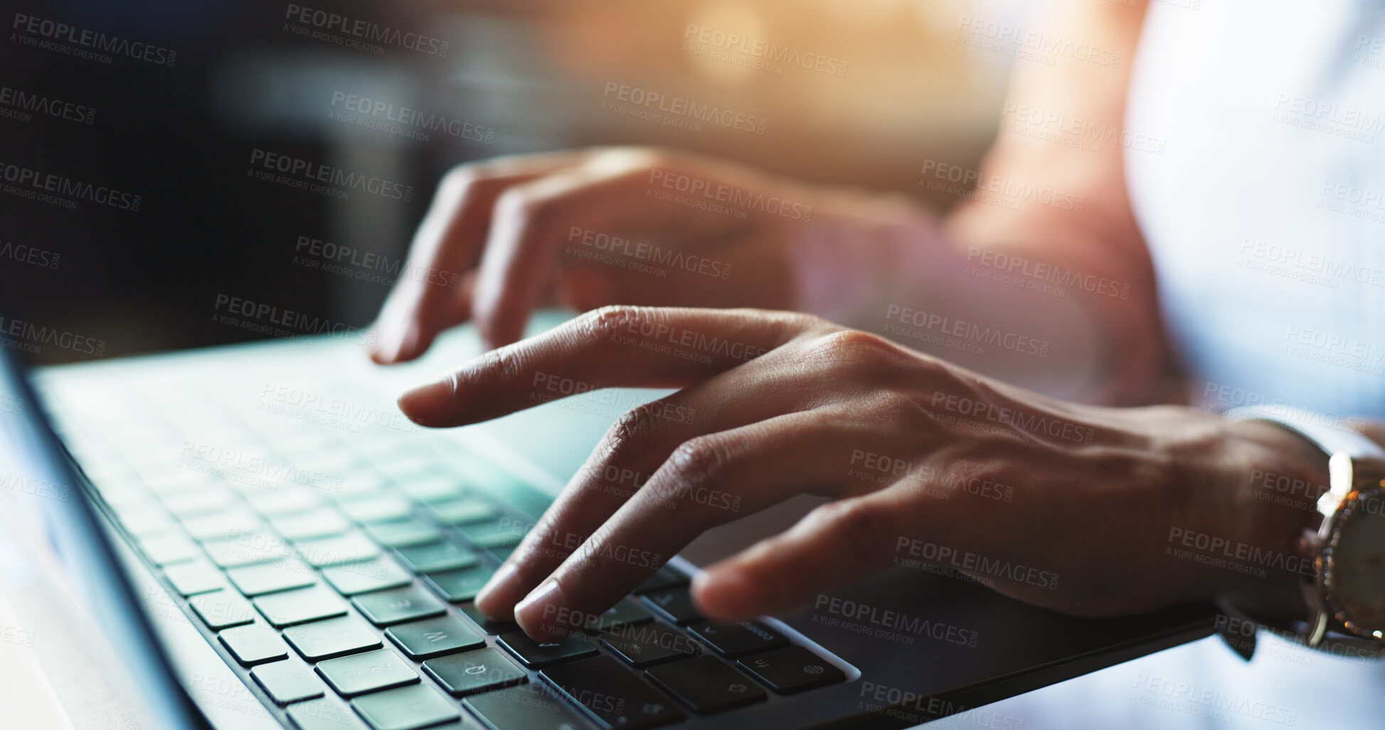 Buy stock photo Woman, hands and typing on laptop for email, connectivity and business planning with research. Entrepreneur, fingers and internet search on computer for website ideas, startup information and editing