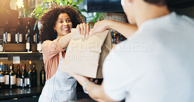 Buy stock photo Woman, waiter and package for customer with smile for catering service, food and sale at diner. Person, server and happy with giving bag, order and meal with small business owner at restaurant