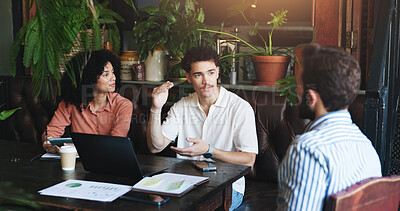 Buy stock photo Business, people and planning with laptop in cafe for startup management, financial discussion or feedback. Remote work, team or paperwork in meeting for budget review, collaboration or brainstorming