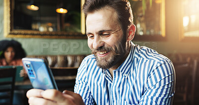 Buy stock photo Happy businessman, phone and texting at cafe on break, chat or notification for networking in morning. Person, finance consultant and smartphone for contact, mobile app or social media at coffee shop