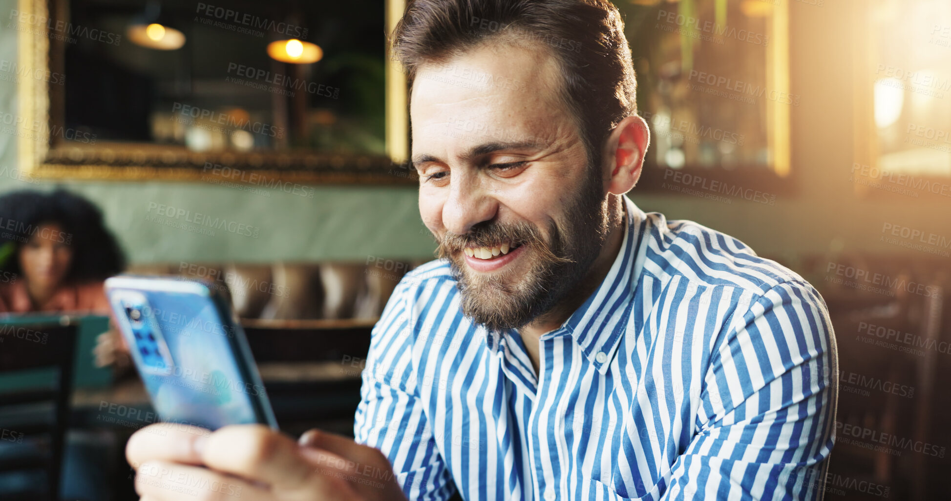 Buy stock photo Happy businessman, phone and texting at cafe on break, chat or notification for networking in morning. Person, finance consultant and smartphone for contact, mobile app or social media at coffee shop