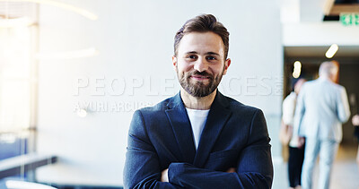 Buy stock photo Happy, confident and portrait of businessman in lobby for corporate finance conference. Crossed arms, pride and face of male financial manager from London at seminar for investment proposal. 