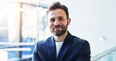 Buy stock photo Happy, pride and portrait of businessman in lobby for corporate finance conference. Smile, confident and face of male financial manager from London at seminar for investment proposal in workplace. 