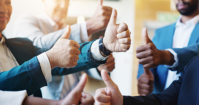 Buy stock photo Business people, agreement and group in office, thumbs up and partnership for financial merger. Accounting, closeup and employees with hand gesture, cooperation and like with emoji, icon and feedback