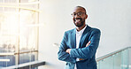 Happy, confident and portrait of black man in lobby for corporate finance conference. Crossed arms, pride and African male financial manager at seminar for investment proposal in workplace. 