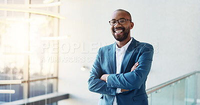 Buy stock photo Happy, confident and portrait of black man in lobby for corporate finance conference. Crossed arms, pride and African male financial manager at seminar for investment proposal in workplace. 