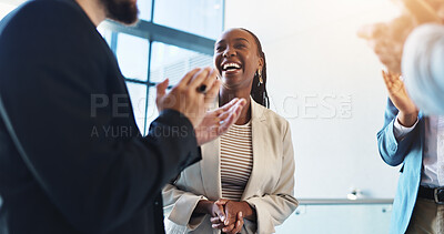 Buy stock photo Office, success and business people laugh with applause for teamwork, collaboration and celebration. Corporate, professional and men and women clapping hands for promotion, achievement and good news