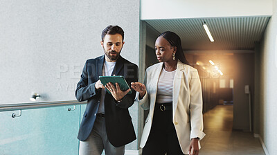 Buy stock photo Business, people and walking with tablet for discussion of proposal feedback, investment analysis or meeting briefing. Financial analyst, teamwork and digital report for finance forecasting or review