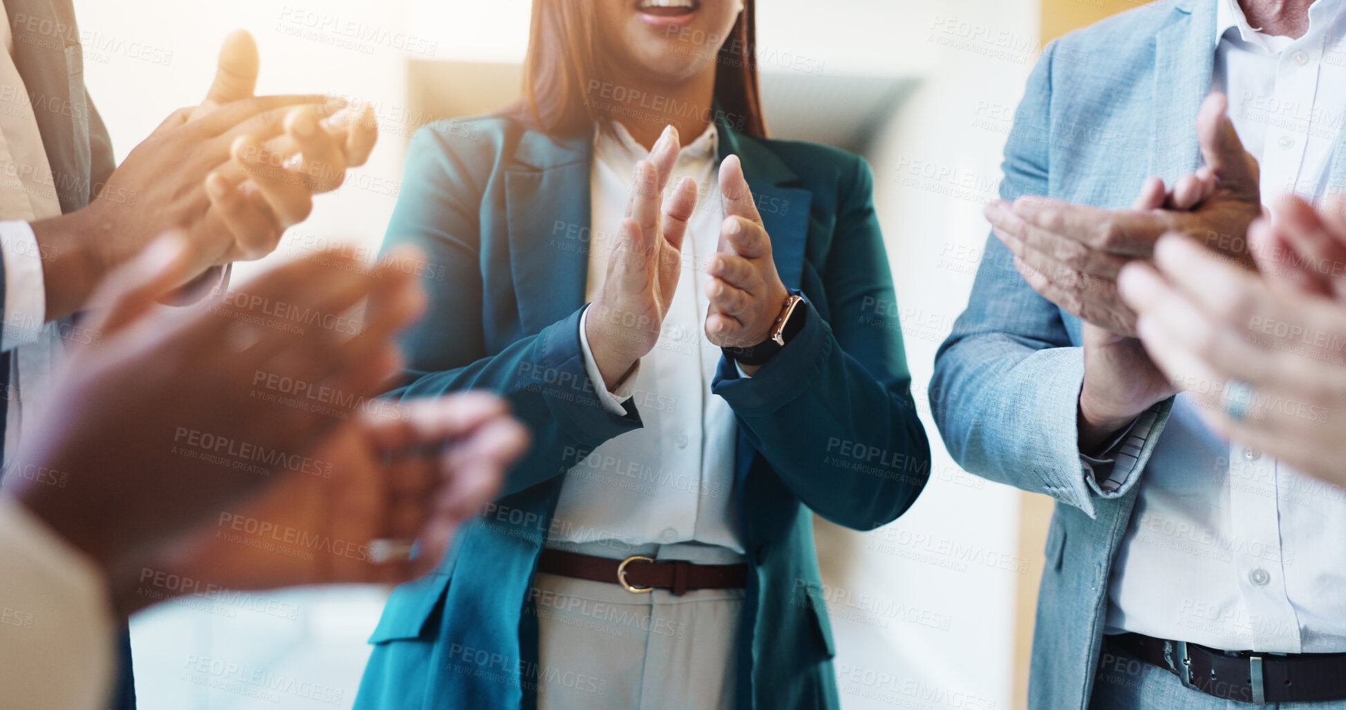 Buy stock photo Office, happy and hands of business people with applause for teamwork, collaboration and celebration. Corporate, professional and men and women clapping for promotion, achievement and good news