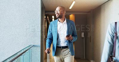 Buy stock photo Business, airport and man with smartphone, travel and smile with global trade expert. African person, employee and consultant for import agency, cellphone or international transport with email or app