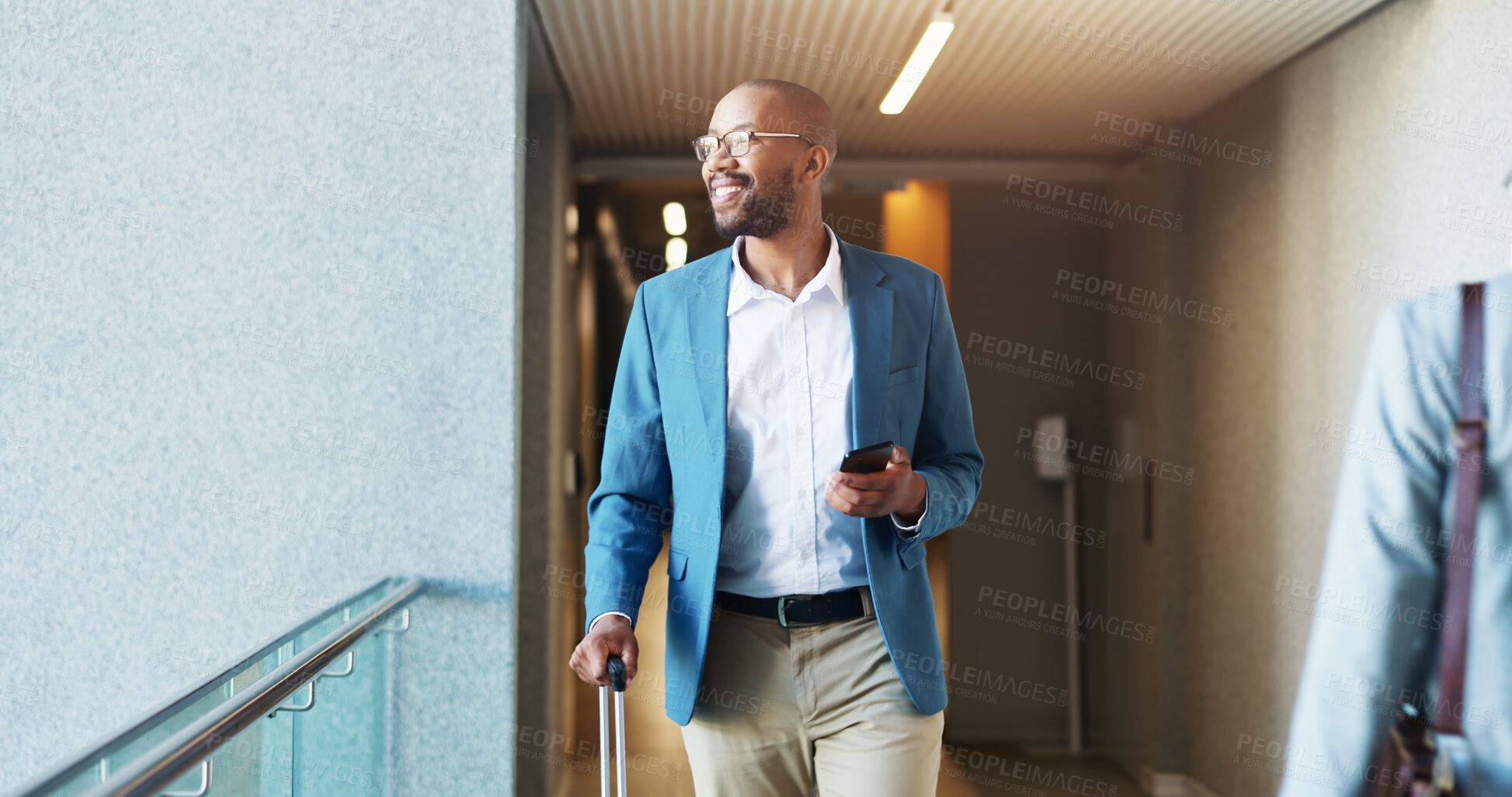 Buy stock photo Business, airport and man with smartphone, travel and smile with global trade expert. African person, employee and consultant for import agency, cellphone or international transport with email or app