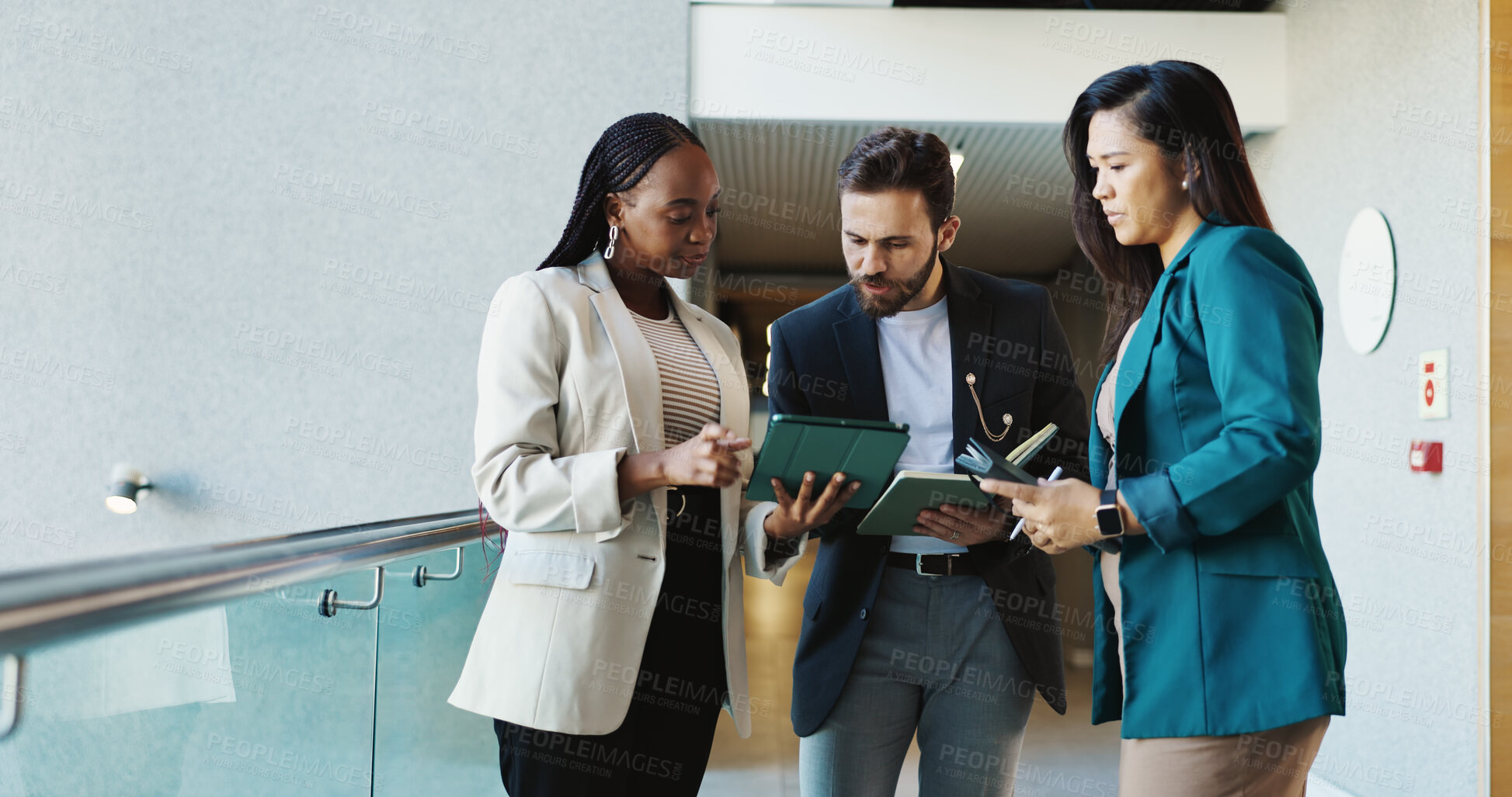 Buy stock photo People, tablet and meeting in lobby for business, planning agenda and campaign feedback with notes. Politician, legal team and tech in office for project management, PR briefing and brainstorming