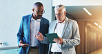 Business, people or walking with tablet for planning of proposal feedback, performance evaluation or briefing. Financial analyst, teamwork or digital report for finance forecasting or risk assessment