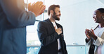 Office, success and happy business people with applause for teamwork, collaboration and celebration. Corporate, professional and men and women clapping hands for promotion, achievement and good news