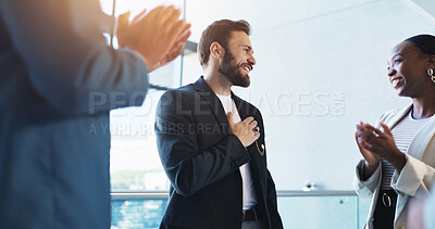 Buy stock photo Office, success and happy business people with applause for teamwork, collaboration and celebration. Corporate, professional and men and women clapping hands for promotion, achievement and good news