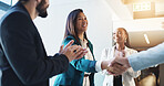 Office, handshake and happy business people with applause for success, congratulations and celebration. Corporate, onboarding and men and women shaking hands for job promotion, bonus and company deal