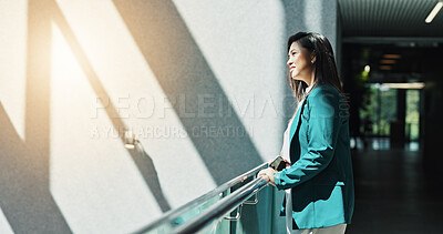 Buy stock photo Balcony, employee and woman with smile, thinking and daydreaming for job promotion, wonder and law firm. Space, paralegal and person with inspiration for career, reflection and ambitious in business