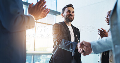 Buy stock photo Office, handshake and man with business people with applause for success, congratulations and celebration. Corporate, deal and men and women shaking hands for job promotion, achievement or onboarding