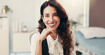Buy stock photo Woman, therapist and portrait for counselling, help and smile for support in office. Psychologist, healthcare and happy for advice, listen or empathy for mental health consultation or perspective