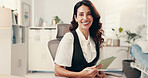 Woman, therapist and and portrait with tablet for counselling, help or smile for support in office. Psychologist, healthcare and checklist for advice, listen or empathy for mental health consultation