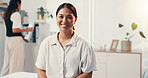 Woman, portrait and patient with therapist for counselling, help and smile for support in office. Psychologist, healthcare and clinic for advice, checkup or empathy for mental health consultation
