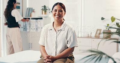 Buy stock photo Woman, portrait and patient with psychologist for counselling, help and smile for support in office. Therapist, healthcare and person for clinic, advice or empathy for mental health consultation