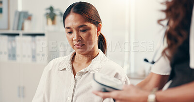 Buy stock photo Doctor, test and blood pressure with women in hospital for healthcare advice, consulting and cardiovascular results. Medical assessment, hypertension diagnosis and wellness with people in clinic