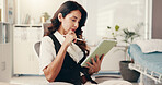 Thinking, doctor and woman in office, tablet or digital app for online schedule. Mature person, medical or professional in workplace, healthcare or tech with planning, decision or research for cancer