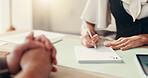 Writing, prescription and hands of doctor and patient in office for healthcare, pharmacy script and insurance. Medical instruction, dosage and checklist with people in hospital for medicine form